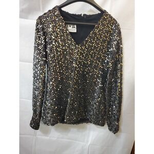 Vtg Longsleeve Sequinced Shirt Sz 8 Women Black & Gold V Neck Cuffs Back Zip